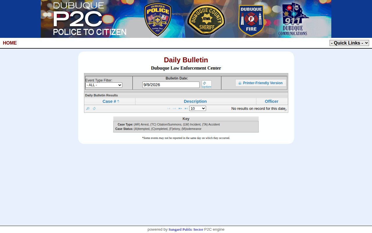 Dubuque County daily arrest bulletin date picker and arrest filter