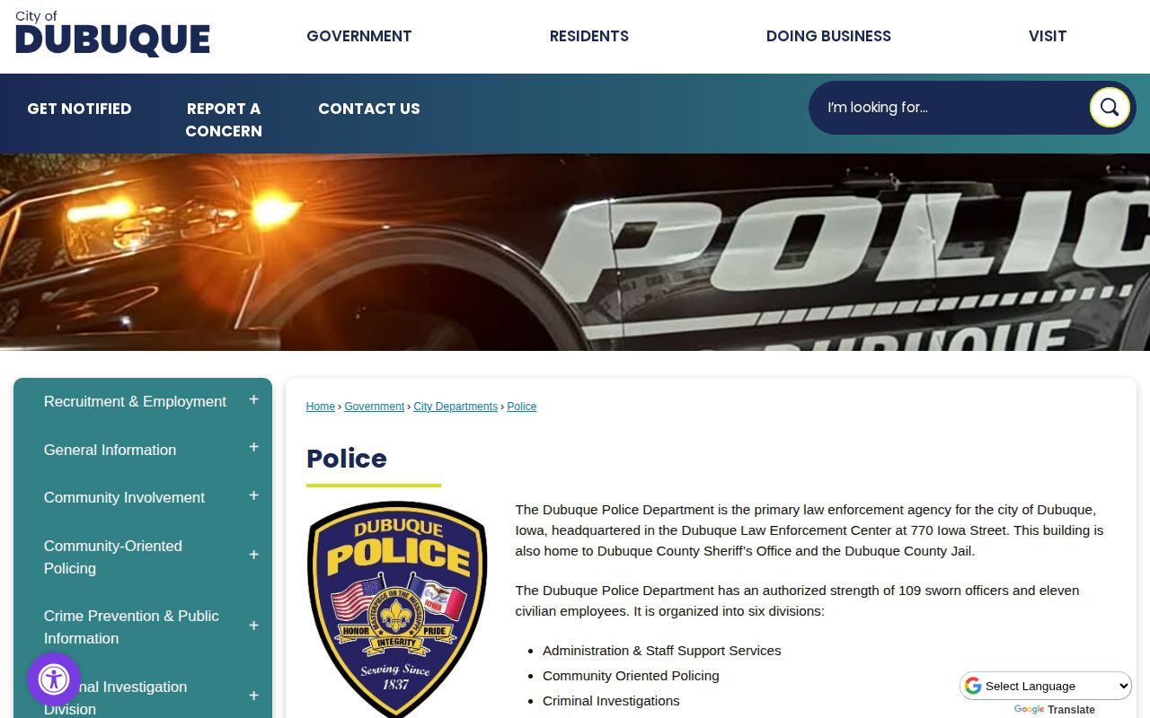 Official Dubuque Police Department page showing DLEC contact details