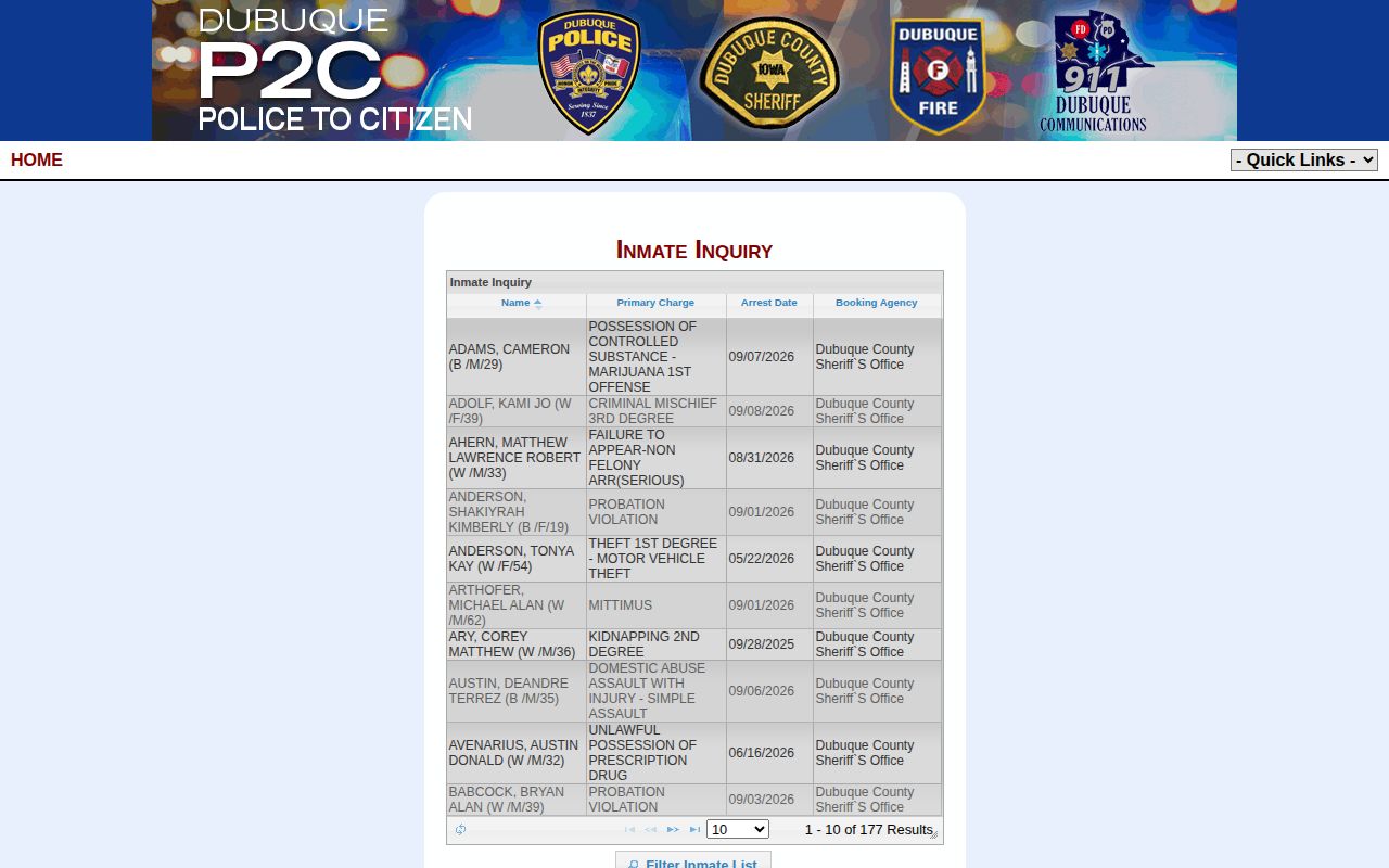 Official Dubuque P2C jail inmates search interface