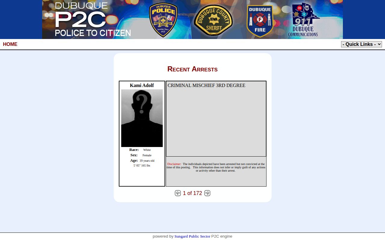 Dubuque P2C rolling recent arrests interface