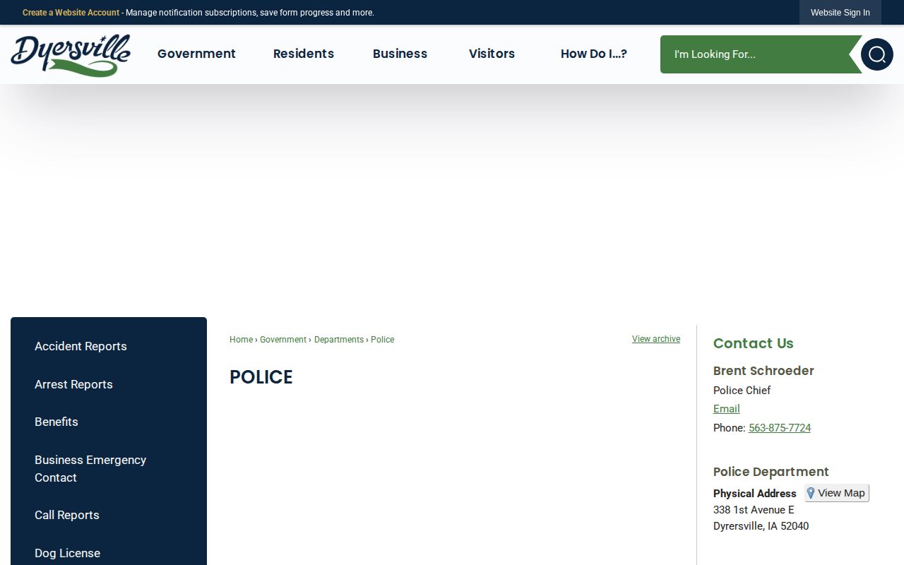 Official Dyersville Police Department contact page