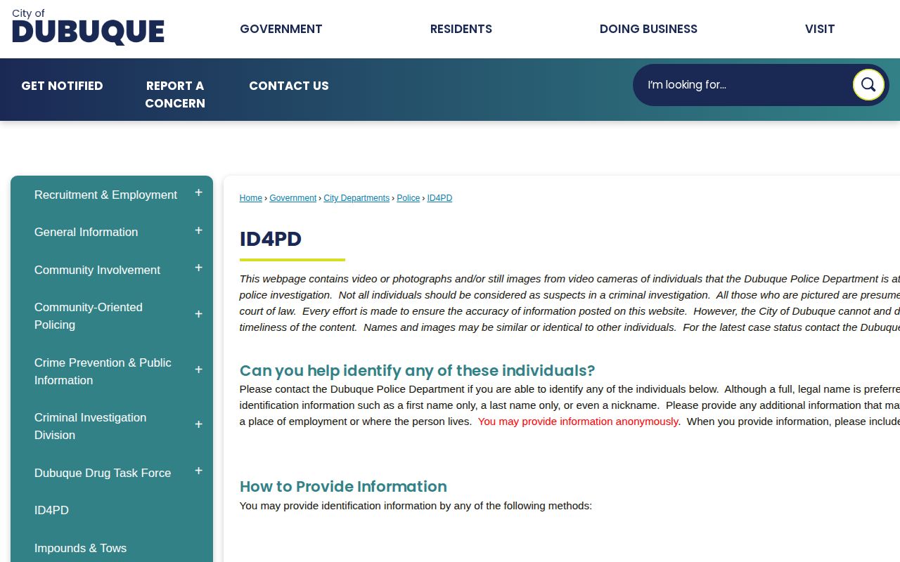 Official City of Dubuque ID4PD identification page